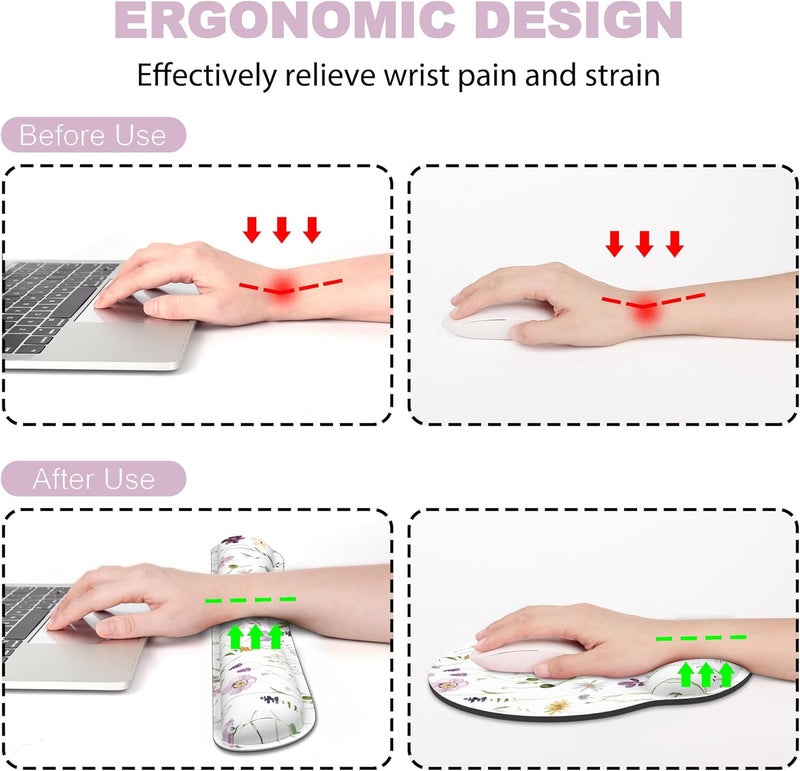JIGOO Ergonomic Mouse Pad with Wrist Rest and Keyboard Wrist Rest, Mousepad and Wrist Rest for Computer Keyboard, Pain Relief, Non-Slip Rubber Base, Mouse Pad Wrist Support for Gaming, Flowers and Plants - Image 2